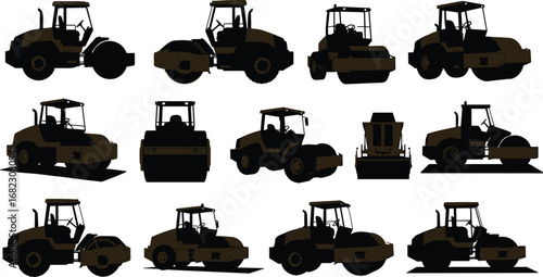 Collection of road roller vector silhouettes, construction vehicles, industrial compactor machines, heavy equipment icons, building site vector illustration