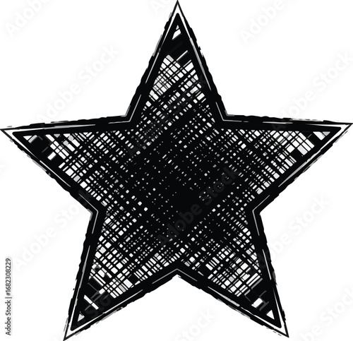 Bold distressed black star graphic with textured crosshatch fill, perfect for adding dynamic flair to modern designs and impactful branding projects