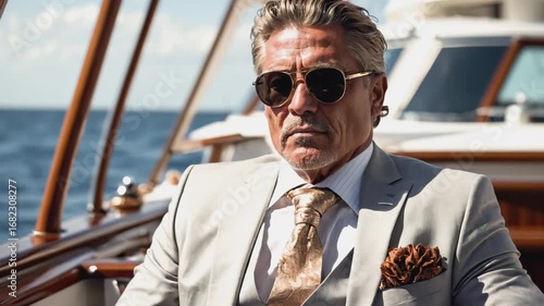 This video shows a captivating and powerful portrait of a wealthy man enjoying a day on his yacht. His rugged yet refined look, combined with his direct gaze, conveys leadership and confidence. 

