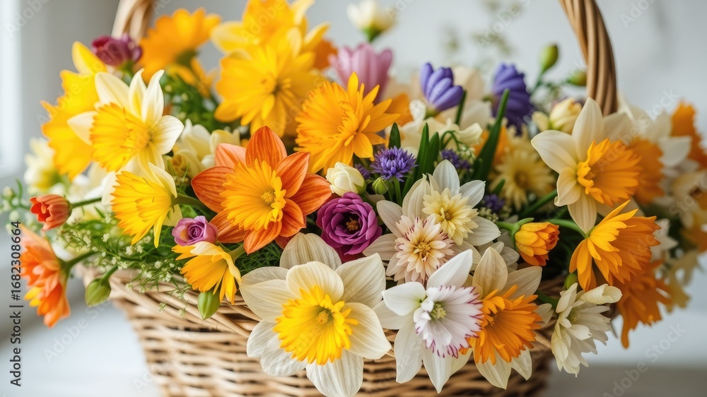 Obraz premium Blooming Narcissus Arrangement in Rustic Basket