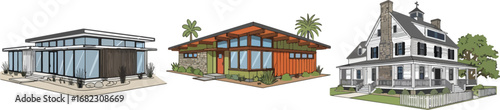 Discover stunning architectural styles showcasing modern, mid-century, and classic home designs, perfect for property showcases and real estate marketing.