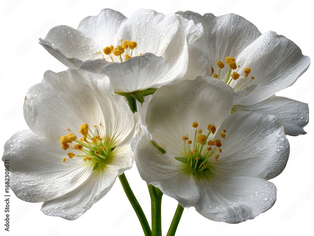 Obraz premium Four elegant white anemone flowers with yellow stamens are blooming on a white isolated background now.
