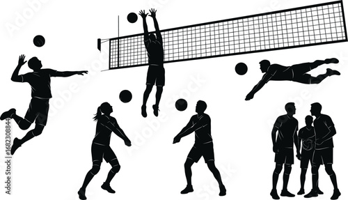 Silhouettes of volleyball players in action, jumping, spiking, blocking, diving, team communication, sports competition, dynamic movement, volleyball net, athletic teamwork