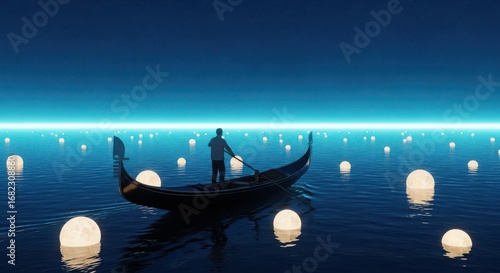 Magical venetian gondola ride under the blue twilight sky illuminated by floating lanterns reflecting on calm waters silhouette