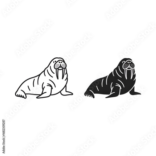 Minimalist outline and silhouette walrus icons for education and marine themes