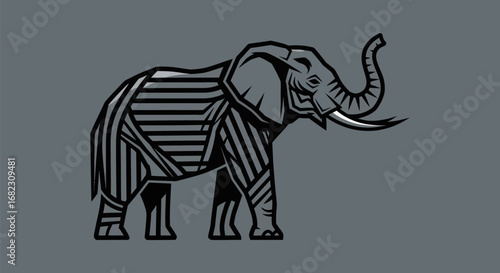 Artistic elephant illustration with striped patterns and majestic design.