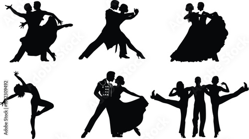 Silhouettes of dancing couples and solo dancers performing ballroom, tango, salsa, and contemporary dance, elegant movements, formal attire, artistic dance poses, graceful expressions.