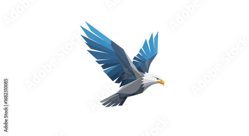 Stylized blue winged bald eagle flying majestically.