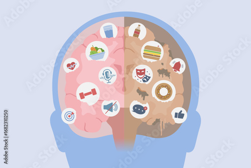 Human brand with Healthy Brain and unhealthy brain. Different brain development is caused by different behaviors such as listening to podcasts, consuming drama, eating junk food, vegetables.