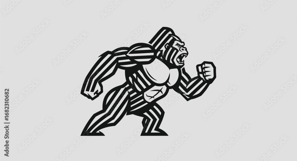 Obraz premium Stylized muscular gorilla mascot in black and white stripes.