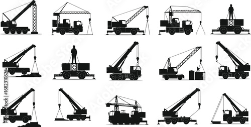 Construction crane truck silhouettes, heavy machinery lifting equipment, industrial cranes with workers, building site vehicles, engineering construction tools vector icons