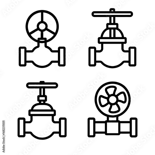 This image features a versatile collection of four distinct black outline icons illustrating various industrial and plumbing valves, perfect for modern design.