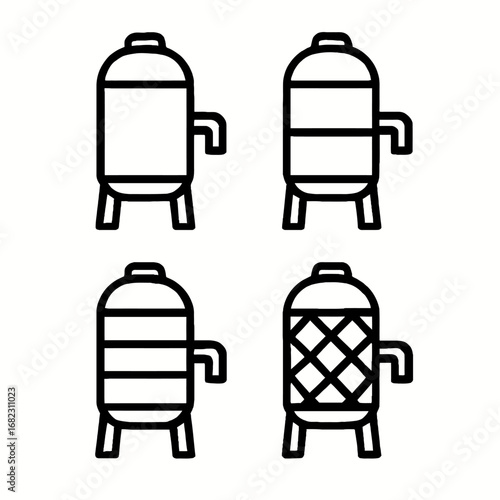 Four distinct outline vector icons representing industrial process tanks or filtration vessels, each with unique internal patterns, ideal for diagrams.