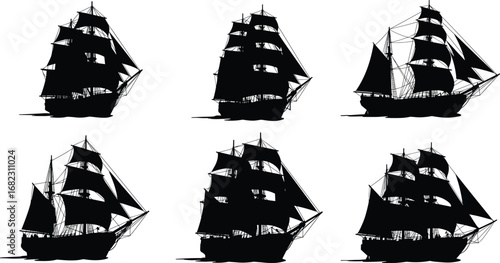Vintage sailing ship silhouette collection, old nautical vessel illustration, classic tall ship graphic, maritime transport artwork, black sailboat design