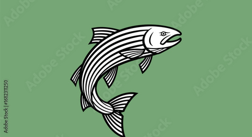 Stylized black and white jumping salmon illustration art.
