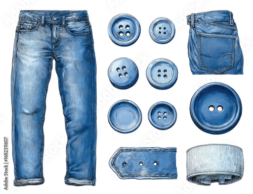 Blue denim jeans and buttons.  Various denim garment elements, including jeans, belt, and buttons, arranged in a grid pattern.  Detailed illustration of denim texture