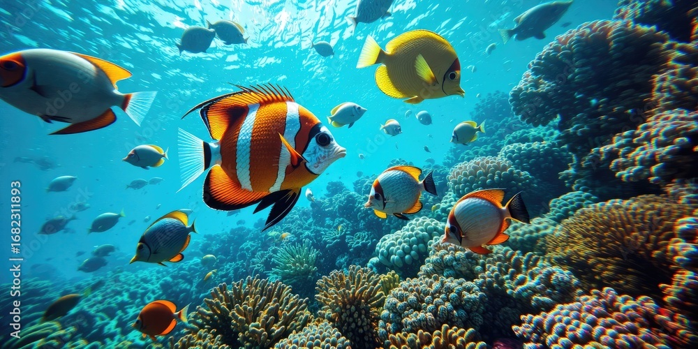 Naklejka premium Submarine Wonders: Colorful Reef Inhabitants