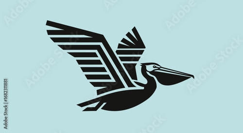 Stylized Pelican in Flight with Geometric Wing Design.