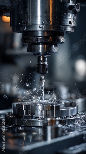 Precision CNC milling machine creating intricate metal parts with coolant spray in industrial workshop