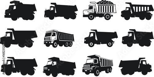 Dump truck vector set, construction vehicle silhouettes, heavy machinery illustration, industrial transportation trucks for construction, mining, and logistics projects