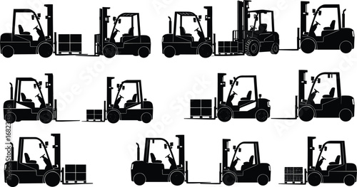 Forklift truck silhouette vector set, warehouse logistics equipment icons, cargo lifting machines, pallet transport, industrial vehicle illustrations, black clipart