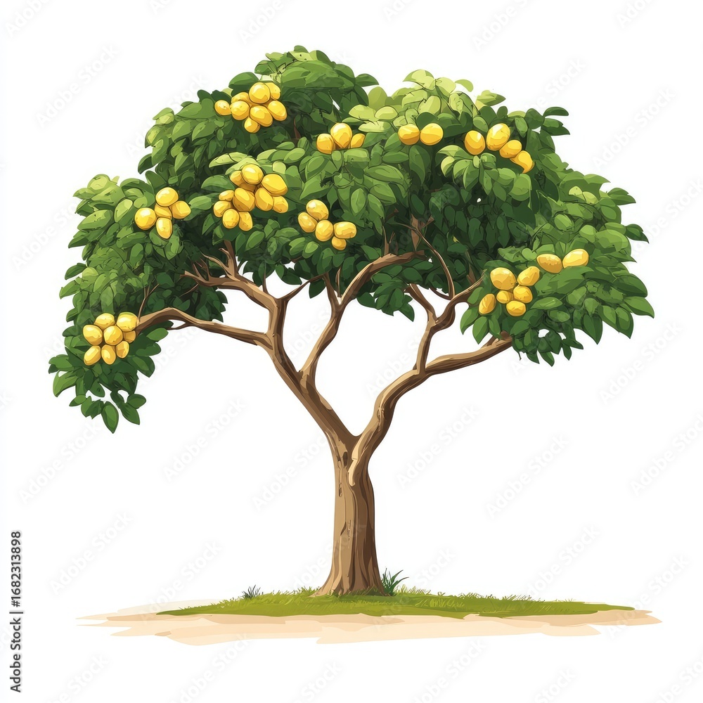 Fototapeta premium Apple tree in spring with yellow flowers and green leaves is a beautiful nature illustration vector design