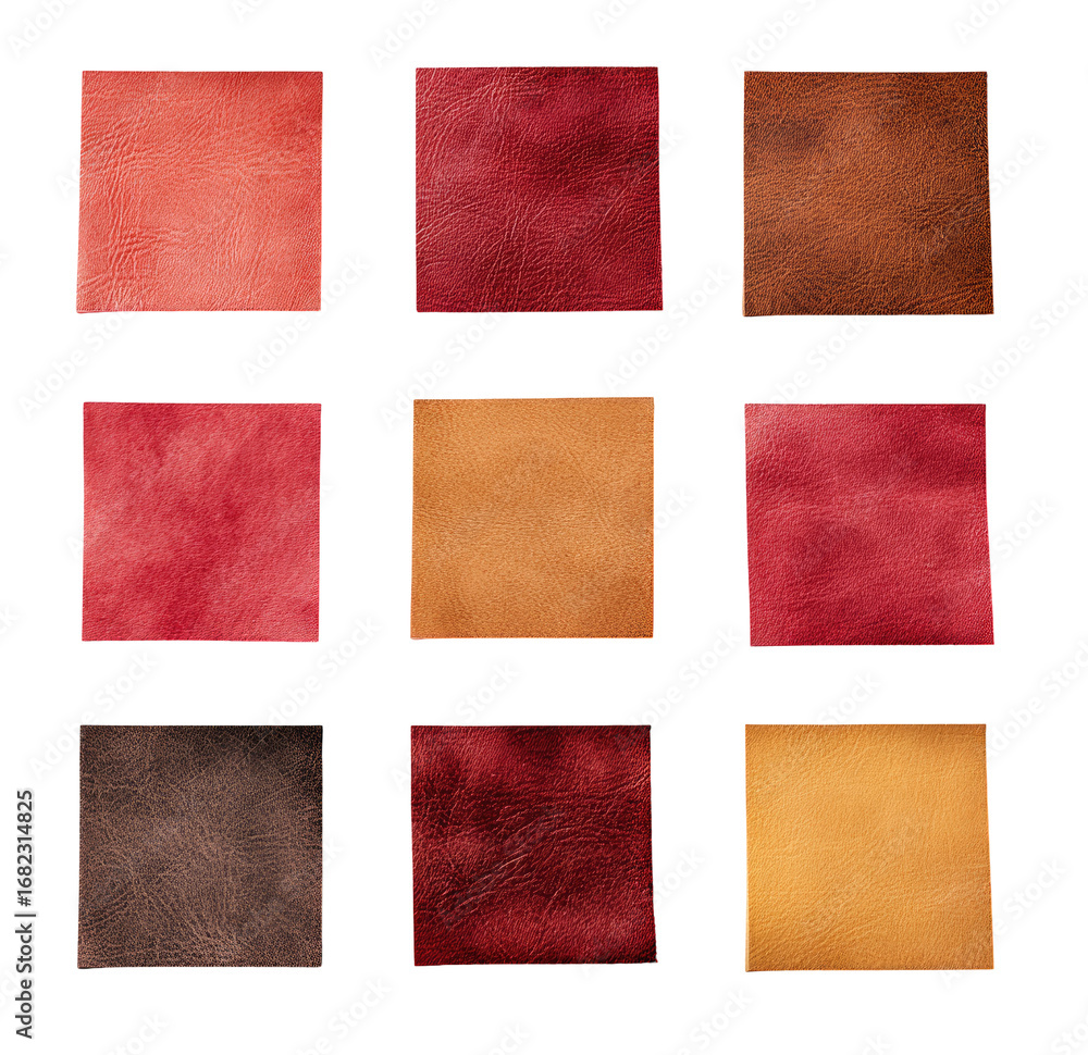Fototapeta premium Nine square swatches of textured leather, various shades of red, brown, and orange, arranged in a grid against a black background. 
