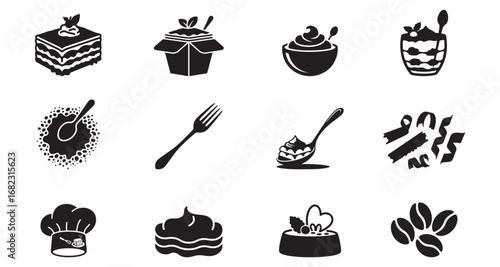Silhouette Cake Icon Set Pastry, Dessert, Cream, Tiramisu, Cupcake, Coffee Bean & Chef Hat Vector Pack