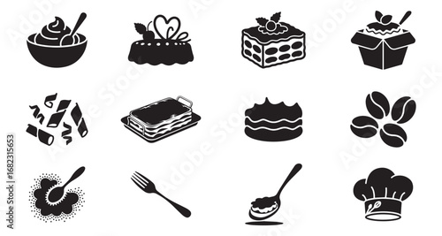 Silhouette Cake Icon Set Dessert, Pastry, Coffee, Chef Hat & Sweet Food Vector Collection