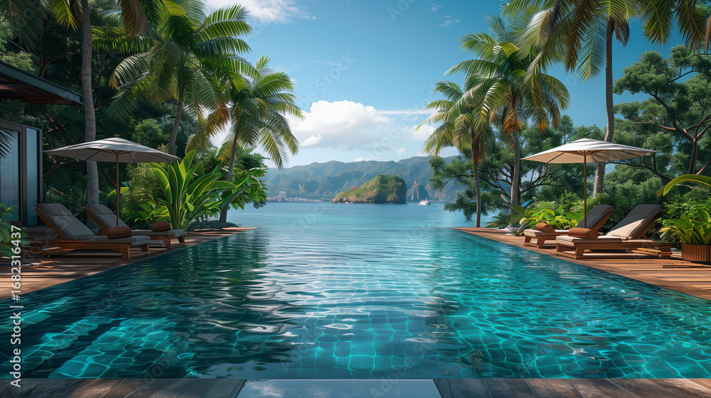 Fototapeta premium Luxury swimming pool in the tropical hotel or resort. Palm trees and infinity pool close to lounge chairs and umbrellas.