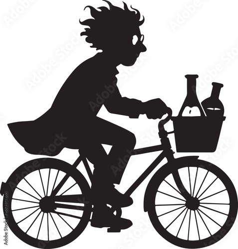 Silhouette of a scientist riding a bicycle with flasks in the basket vector