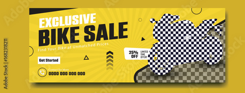 Bright yellow poster advertising an exclusive bike sale with a checkered flag motif and discount offers