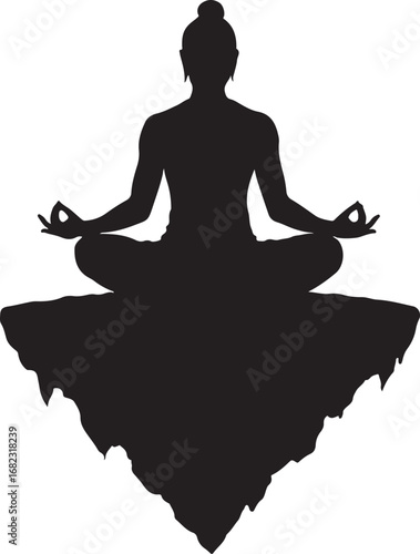 Black silhouette of a person meditating in lotus pose on a floating island meditation yoga