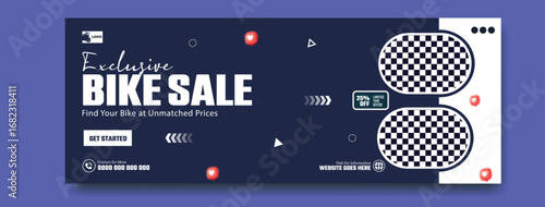 Exclusive bike sale announcement with checkered patterns and modern design elements on dark blue background