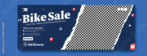 Dynamic bike sale announcement with racing flag motif and special offers on dark blue background