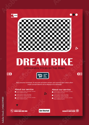Modern red social media post template featuring a checkered flag pattern and dream bike text