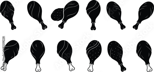 Set of black chicken drumstick silhouettes, fried chicken icons, meat leg illustrations, food vector design, poultry clipart collection