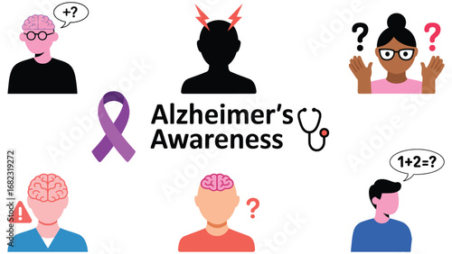 Alzheimer awareness concept illustration with brain ribbon people icons and confusion signs 
