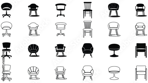 Set of black and white chair icons collection furniture vector illustration 
