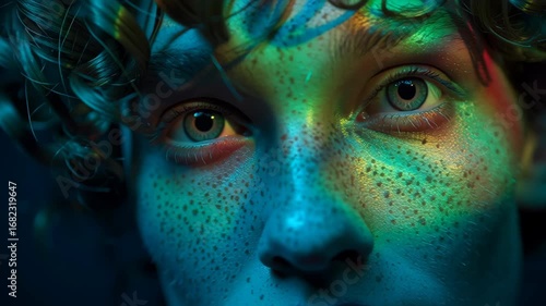 Close-Up Portrait of a Freckled Child with Colorful Light Effects