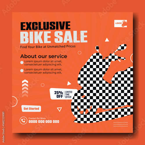 Dynamic orange social media graphic announcing an exclusive bike sale with checkered flag pattern and sale discounts