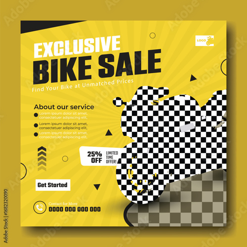 Vibrant yellow square graphic announcing an exclusive bike sale with checkered flag motif and discount information