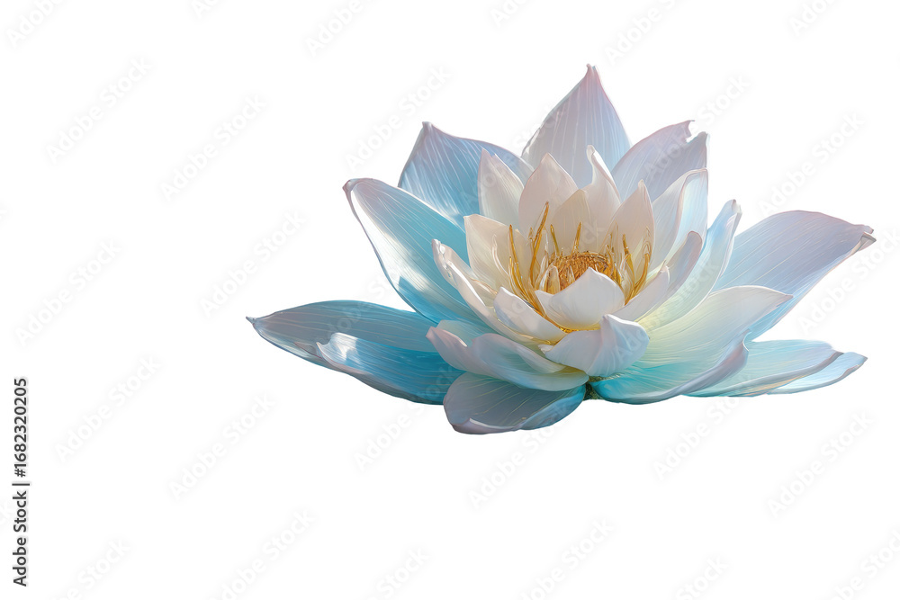 Fototapeta premium Delicate, light blue-white lotus flower, in sharp focus against a pure black background. Soft, ethereal lighting highlights the flower's intricate petals and the delicate yellow center