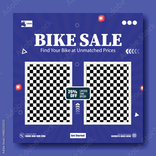 Exciting bike sale announcement featuring a bold checkerboard design and modern typography for promotions