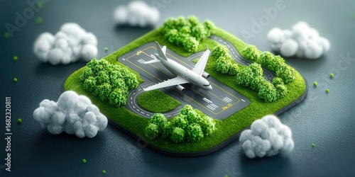 logistic plane sky concept. Miniature airport scene with an airplane surrounded by greenery and clouds.