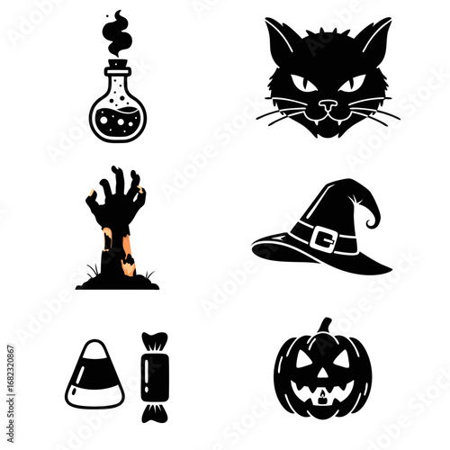 Stylized Halloween Icons Featuring Witch Hat, Black Cat, Pumpkin, and More Elements