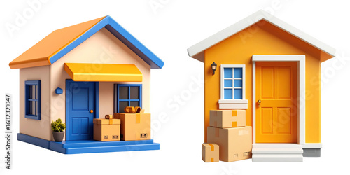 3D Plastic Style Delivery Houses Icons Depicting Packages And Doorstep Deliveries With Colorful Exterior And Modern Design