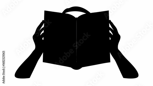 Silhouette of hands holding open book with blank pages in a reading position against white background