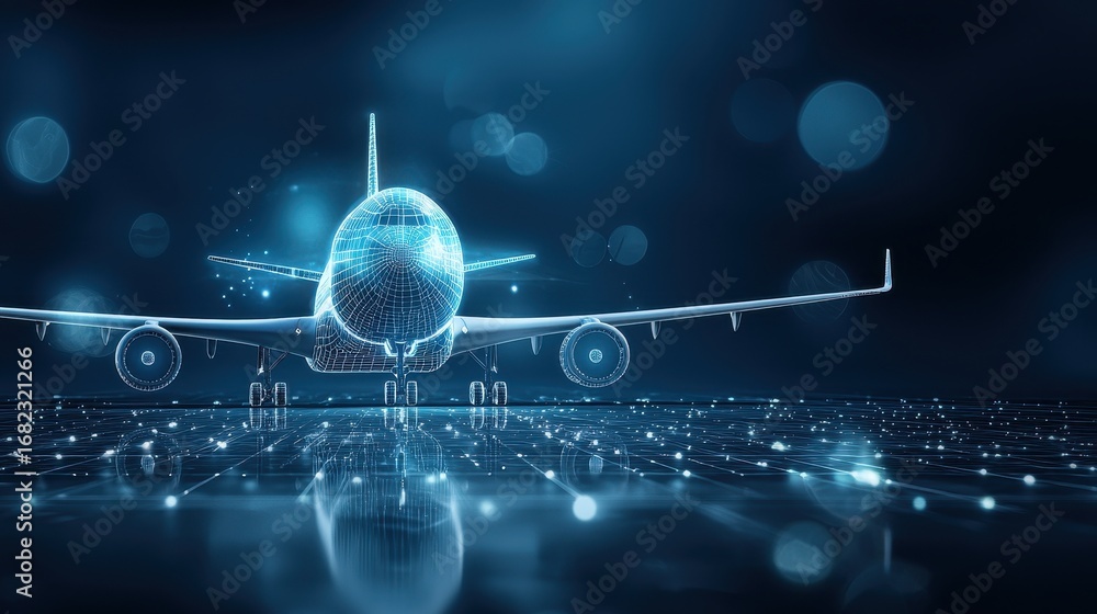 Fototapeta premium logistic plane sky concept. Futuristic airplane design with digital elements and a glowing background.
