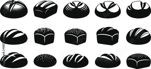 Set of bread silhouettes, black vector bakery icons, various loaf and bun illustrations, fresh baked goods, artisan bread clipart